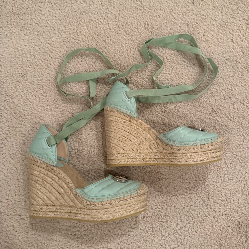 Gucci GG Marmont Espadrille Wedges |Mint Green | NEW | Quilted Leather | IT 37.5